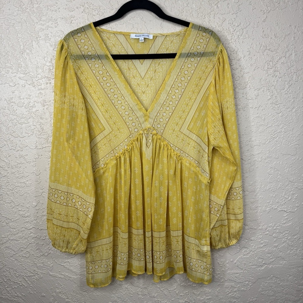 Rose & Olive Yellow Boho Blouse Size L Bohemian Top Cottage Indie Fairy Festival